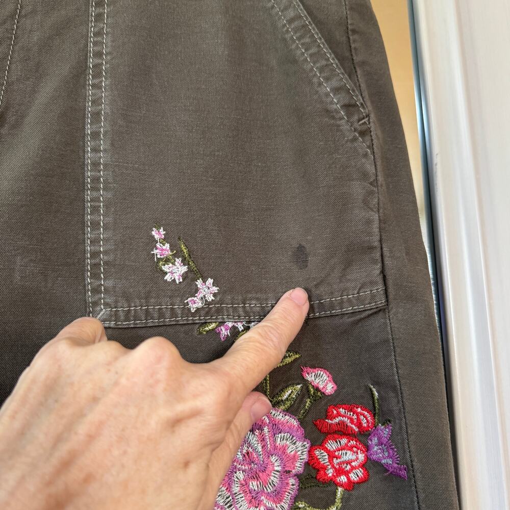 Anthropologie Floral Embroidered Utility Pants Size 30 Olive Green Cotton Linen - Picture 16 of 16